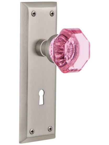 New York Mortise Lock Set with Colored Waldorf Crystal Glass Knobs Pink in Satin Nickel.